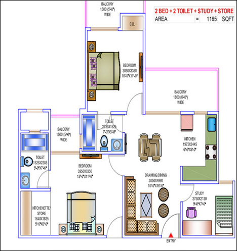 2 BHK + Study + Store Floor Plan
