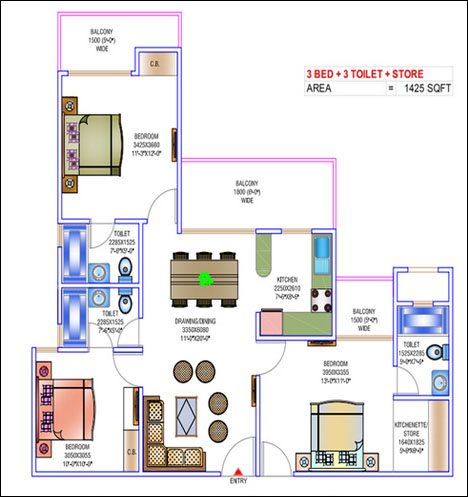 3 BHK + 3 Toilets + Store Floor Plan