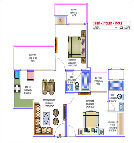 2 BHK + 2 Toilets + Store Floor Plan